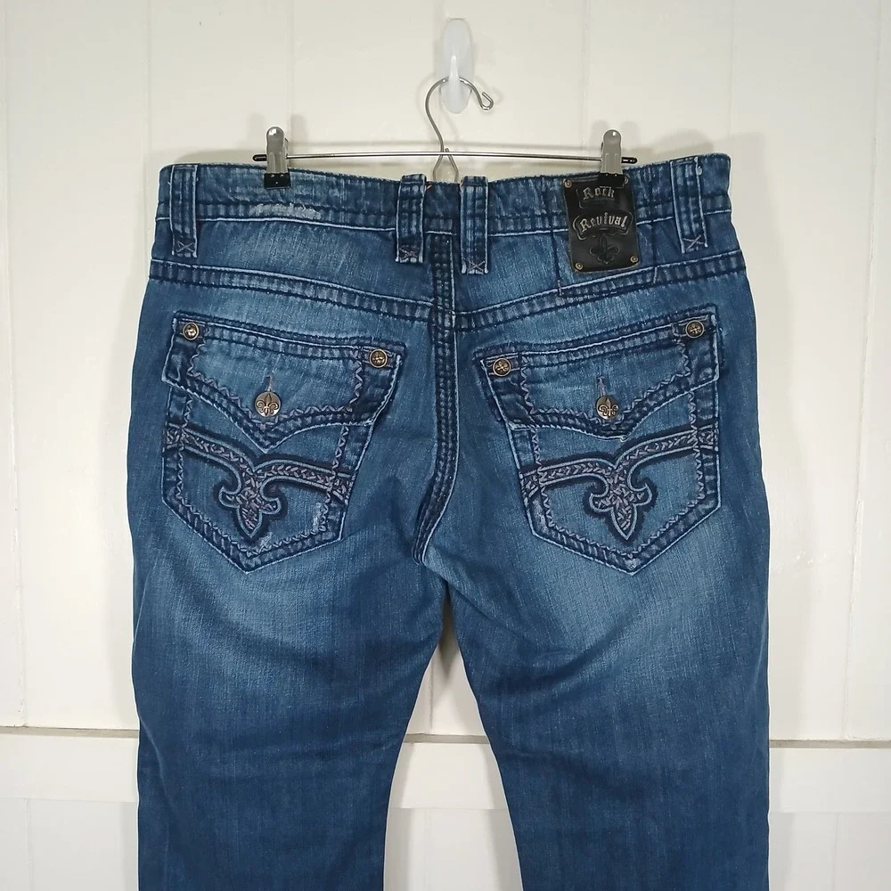 Rock Revival Preston Straight Jeans Mens 38x32 Blue Embroidered Pockets RJ8785T8